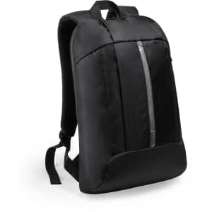 A black backpack with a sleek design, featuring a front zip pocket and padded shoulder straps. It has a logo on one side.