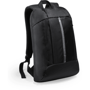 A black backpack featuring a front zip pocket and padded straps, complete with a logo.