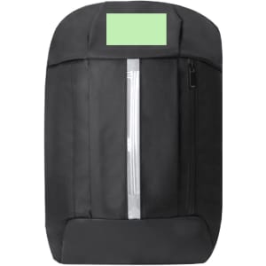 A black backpack with zippered compartments and a transparent section at the front. It features a logo on the exterior.