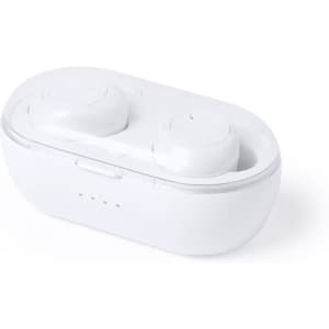 White Merkus earphones displayed in a charging case, featuring a sleek design and a transparent lid.