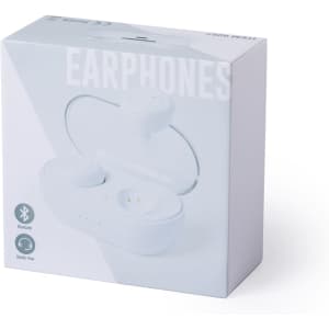 A white packaging box for Merkus Earphones, featuring a logo and an illustration of the earphones inside.