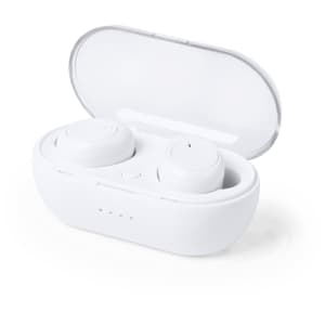 White wireless earphones housed in a charging case, with a sleek, modern design and a visible brand logo.