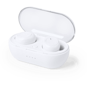 White Merkus earphones in a charging case, positioned open. The case features a logo and indicator lights.