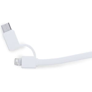 A white charging cable with USB and Lightning connectors. It has a simple design and flexibility for easy handling.