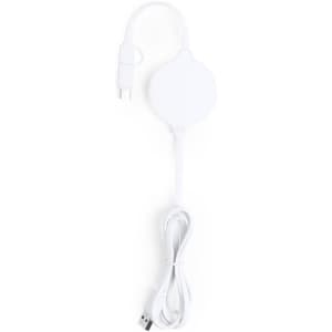 A wireless charger in white, featuring a circular design with a USB connector and a cable attached.