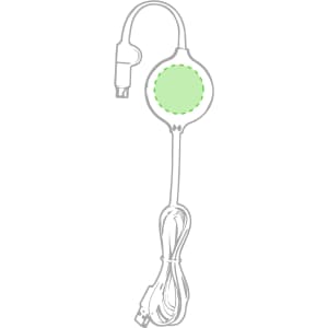 A wireless charger with a circular design and a green charging pad, featuring a USB connection cable.