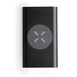 A sleek black power bank featuring a circular logo design on the front.
