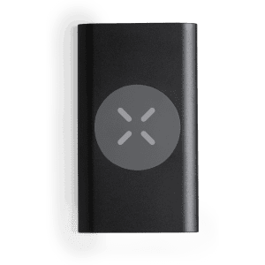 A sleek black power bank featuring a circular logo on the front.