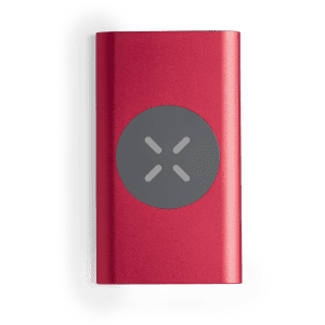 A red power bank with a grey circular design on the front, featuring a logo.