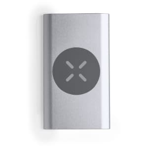 A silver power bank with a minimalistic design and a logo on the front.