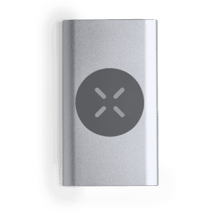 A silver power bank with a circular logo on the front, designed for charging electronic devices.