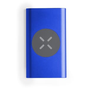 A blue power bank with a grey circular logo in the centre. It has a sleek, metallic finish.