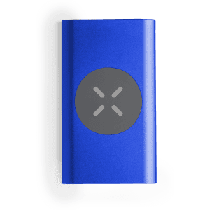 A blue power bank with a grey circular design in the centre and a logo on the surface.