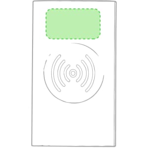 A white power bank with a circular charging icon and a green section on top, featuring a branding logo.