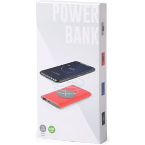 A red power bank displayed in its packaging, featuring a wireless charging illustration and a logo.