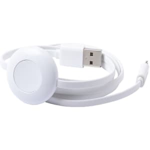 A white charging cable with a round connector, featuring a USB end and a circular attachment.