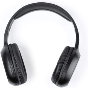 Black over-ear headphones with a padded headband and ear cushions, featuring control buttons on the side.
