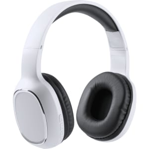 White headphones featuring black ear cushions and a sleek design, with a logo on the side.