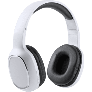 White headphones with black ear cushions, featuring buttons on one side and a sleek design. Includes a logo.