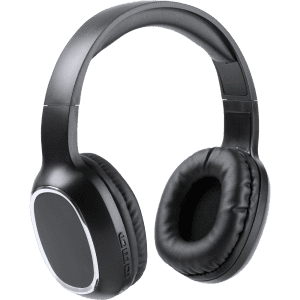 A pair of black headphones with cushioned ear pads and built-in controls on the side. Features a subtle logo.