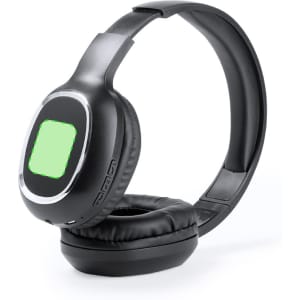 Black Magnel headphones with cushioned ear cups and control buttons, featuring a logo on the ear cup.