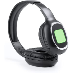 Black headphones featuring a sleek design with a glossy finish and a green display area. Includes a branding logo.