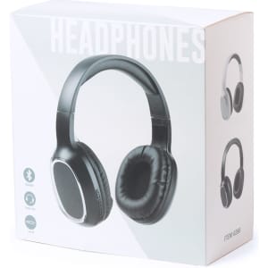 A black headphone set displayed in a white box featuring images of the product and a logo.
