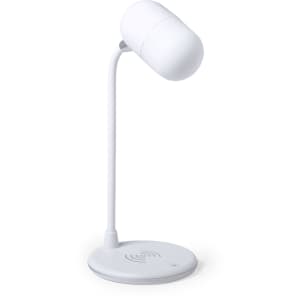 A white multifunction lamp with a curved neck and a round base featuring a wireless charger. It has a logo on the base.
