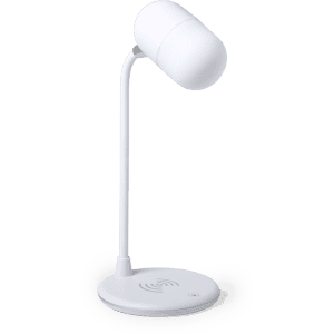 A white multifunction lamp with a round base and a flexible neck for adjustment, featuring a wireless charging pad.
