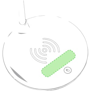 A multifunction lamp in white featuring a wireless charging pad on its base, with a logo present.