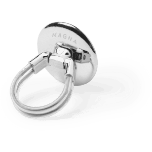 A silver phone stand with a circular base and a metal ring for grip, featuring a logo on the base.