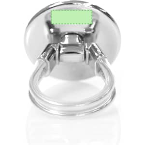 A silver phone stand with a circular base and a loop handle. It has a branding logo on the base.