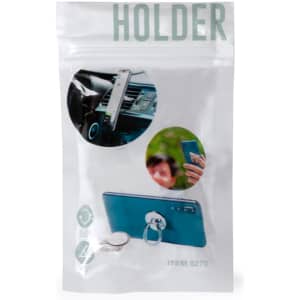 A clear packaging featuring a blue phone stand with a ring holder and images depicting its use. Includes branding.