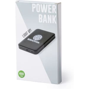 A black power bank with a logo, packaged in a white box, features a capacity of 4000 mAh.