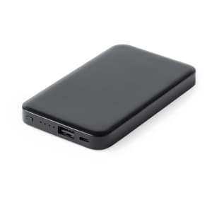 A black power bank with a USB port and battery indicators, featuring a smooth, slim design.