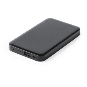 A black power bank with a USB port and indicators on one side, featuring a sleek, flat design.
