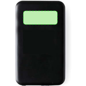 A black power bank with a green section on the top, featuring a logo.