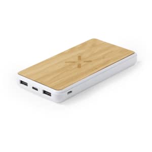 A power bank with a bamboo top and white casing, featuring multiple USB ports for charging devices.