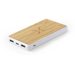 A power bank with a bamboo top and white body, featuring multiple ports for charging devices.