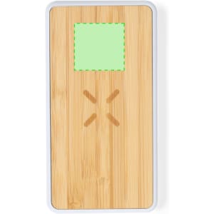 A bamboo power bank with a wooden texture and a square inset, featuring a logo. It has a sleek, rectangular design.