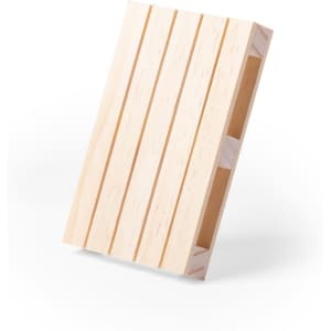 A light wooden coaster with a slatted design, featuring a smooth finish and a subtle natural colour.