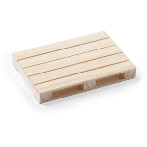 A wooden coaster resembling a small pallet, features a light natural finish with slatted sections.