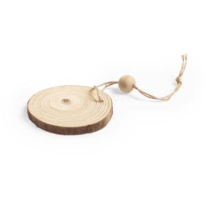 A round wooden Christmas decoration with natural wood grain, attached to a twine loop with a wooden bead.