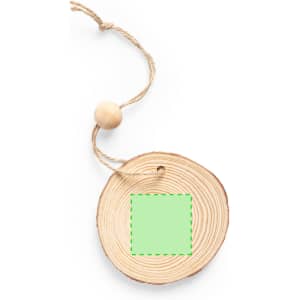 A round wooden decoration with a natural finish, featuring a green square and a string attached with a wooden bead.