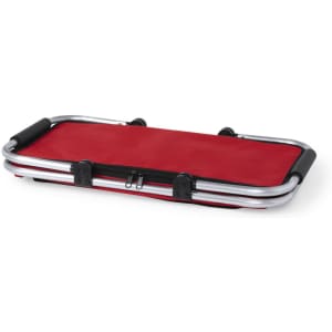 A red thermal picnic basket with an aluminium frame and black handles, featuring a zip closure and branding.
