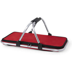 A red thermal picnic basket with a silver handle and logo, featuring a flat rectangular design.