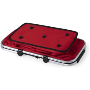 A red thermal picnic basket with a black trim and silver handles, featuring a compact, foldable design.