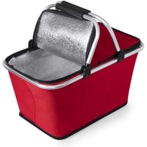 A red thermal picnic basket with an insulated silver lining and a collapsible handle. Features branding on the exterior.