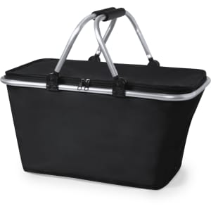 A black thermal picnic basket with a silver handle and zip closure, featuring a logo on the front.