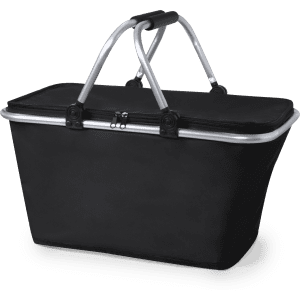 A black thermal picnic basket with silver handles, featuring a zipped top and an integrated carry handle.